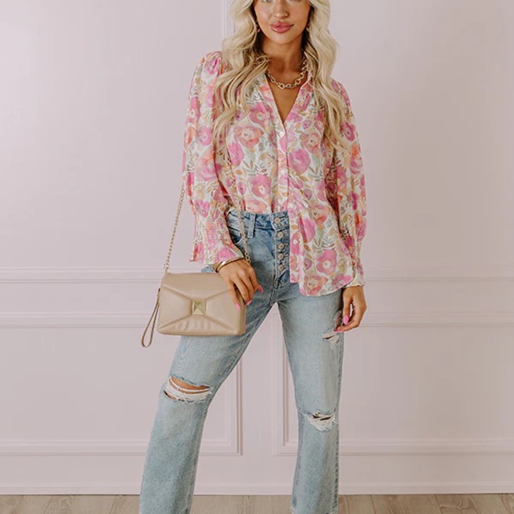 Floral Pink and Orange Blouse